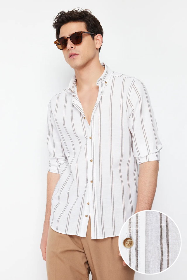 Green - Black Slim Fit Button Collar Slim Striped Shirt TMNSS20GO0092