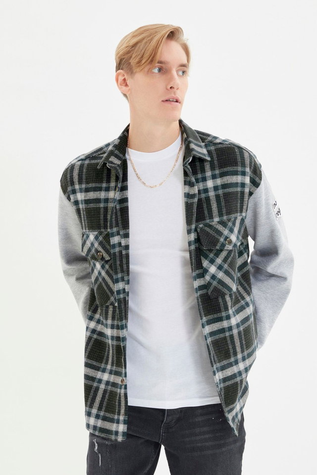 Navy blue - Navy Blue Oversize Knitted Sleeves Double Pocket Flap Winter Plaid Lumberjack Jacket Shirt TMNAW22GO0059