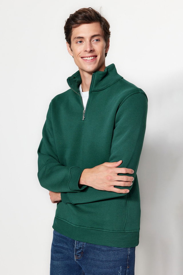 Green*004 - Navy blue regular/normal cut high neck zippered cotton sweatshirt with fleece lining tmnaw24sw00041