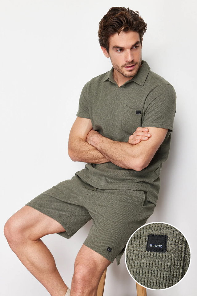 Khaki - Camel Regular Cut Textured Fabric Labeled Polo Collar Tracksuit Set TMNSS23EM00003