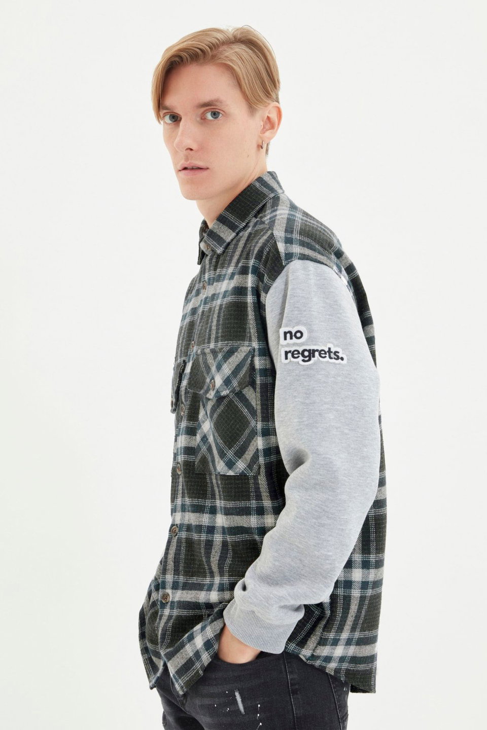 Oversize Knitted Sleeves Double Pocket Flap Winter Plaid Lumberjack Jacket Shirt TMNAW22GO0059