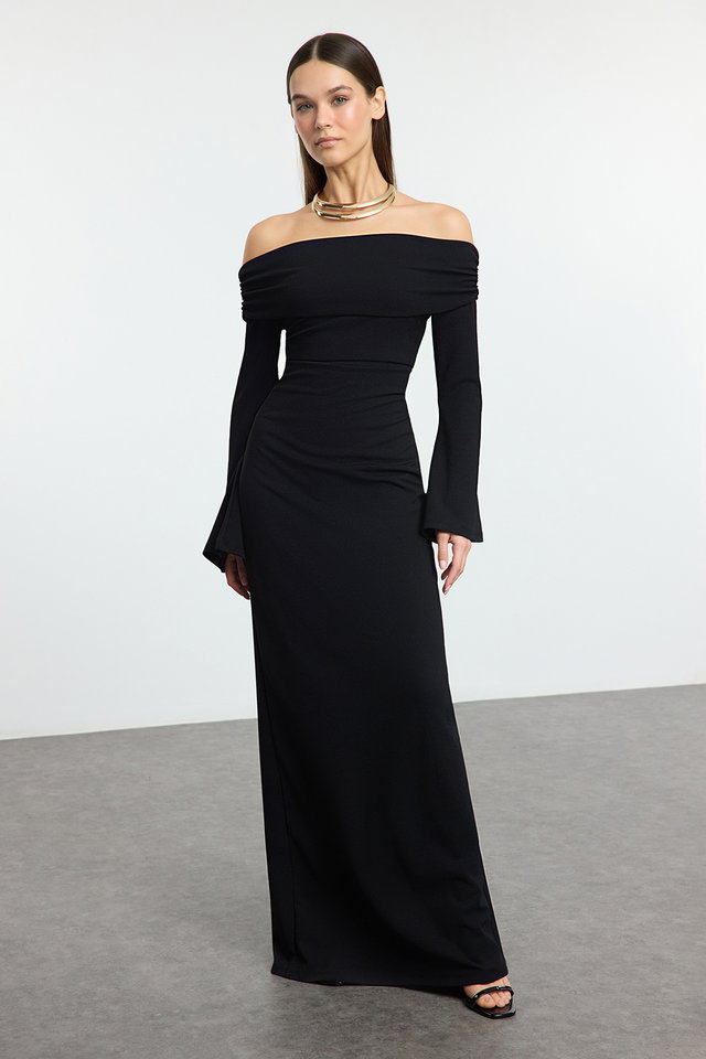 Black - Black bodycon carmen neckline knitted maxi chic evening prom dress tprss24ae00204