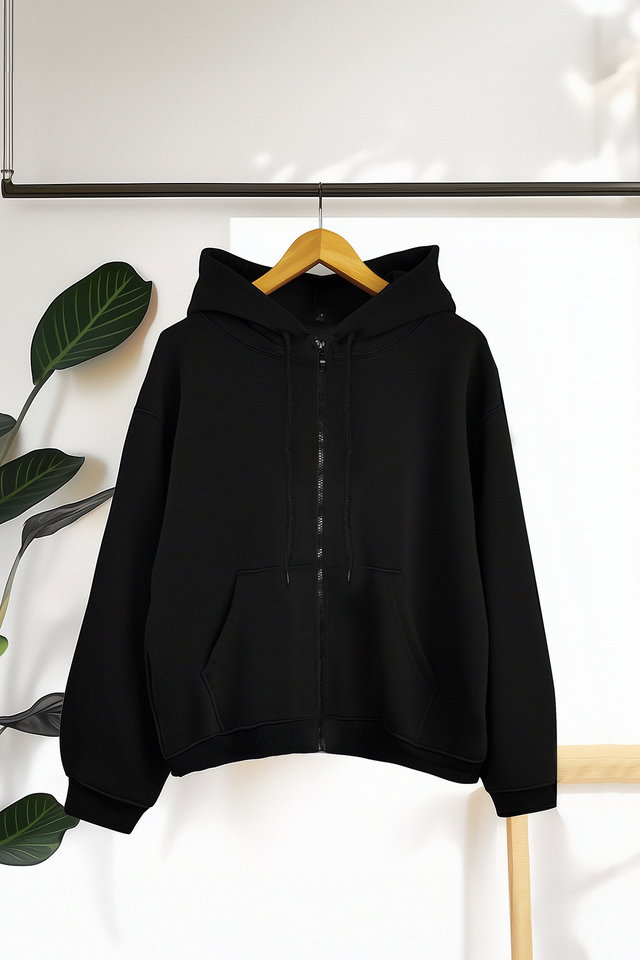 Black - Gray Oversize/Comfortable fit Basic Hood with Zippered Fleece Inside Knitted Sweatshirt TWOAW24SW00188.