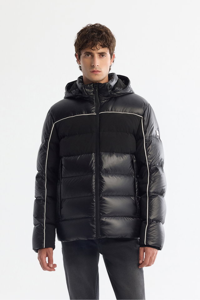 Schwarz - Men's Black Downhill Hooded Water Repellent Windproof Goose down Ski Coat A42Y6012