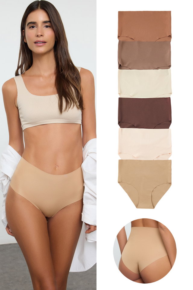 Brown-Multicolor - Brown 6-piece Micro Seamless/Non-Trace Laser Cut High Waist Classic Knitted Panties THMAW25KU00038