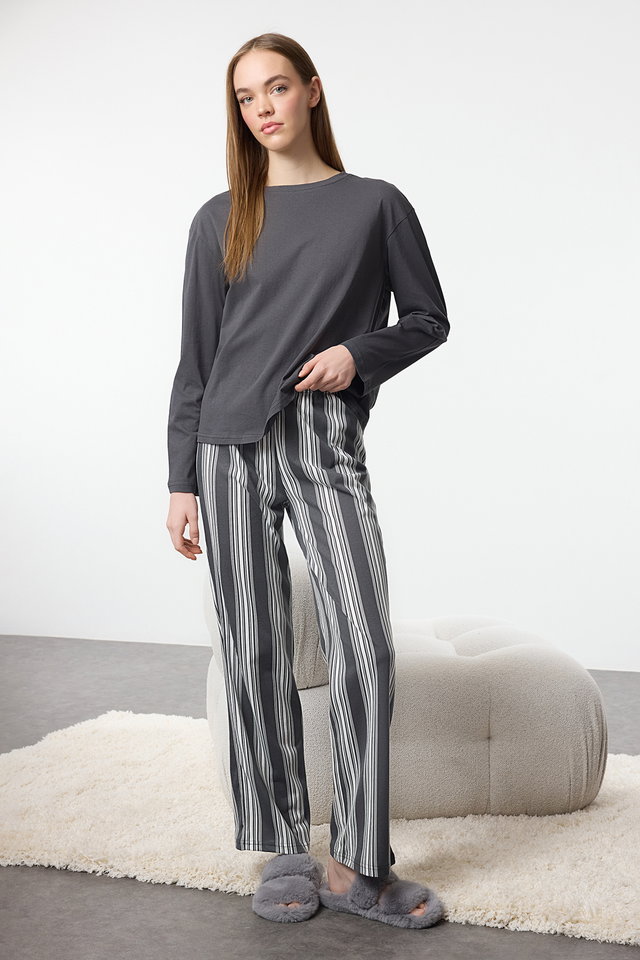 Anthracite - Blue Cotton Striped Knitted Pajama Set THMAW25PT00188