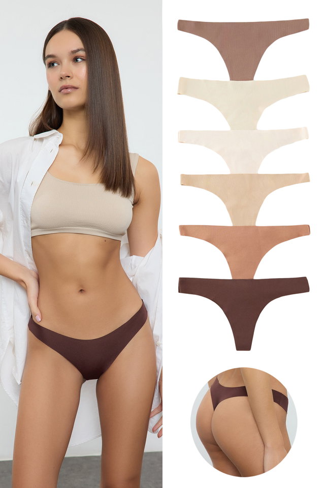 Brown-Multicolor - Brown-Multi Colorful 6-Pack Micro Seamless/Non-Trace Laser Cut Thong Knitted Panties THMAW25KU00039