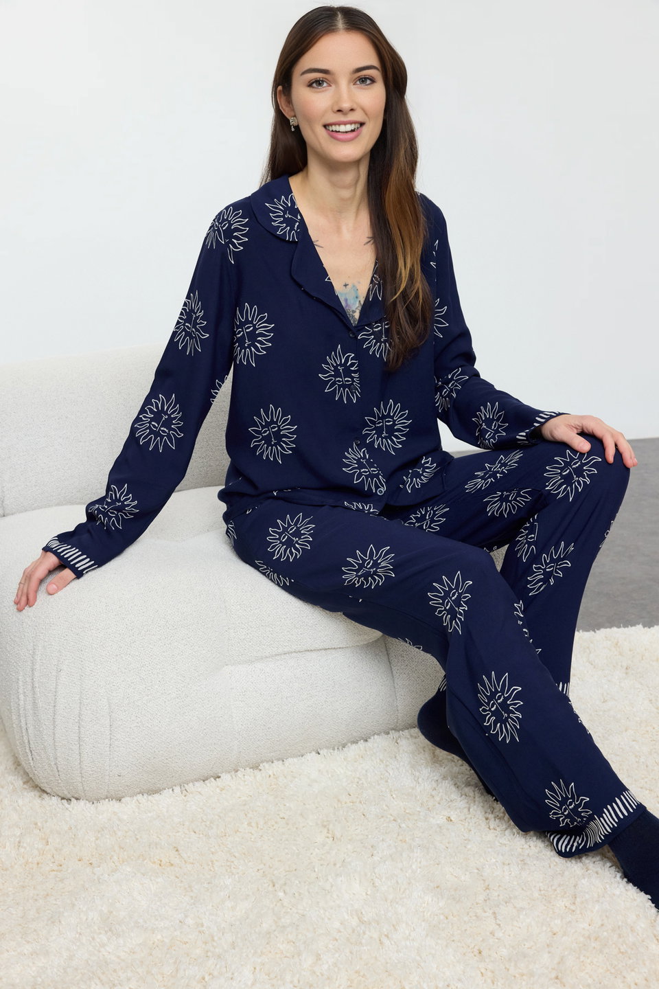 Sun Patterned Viscose Woven Pajama Set THMAW25PT00034