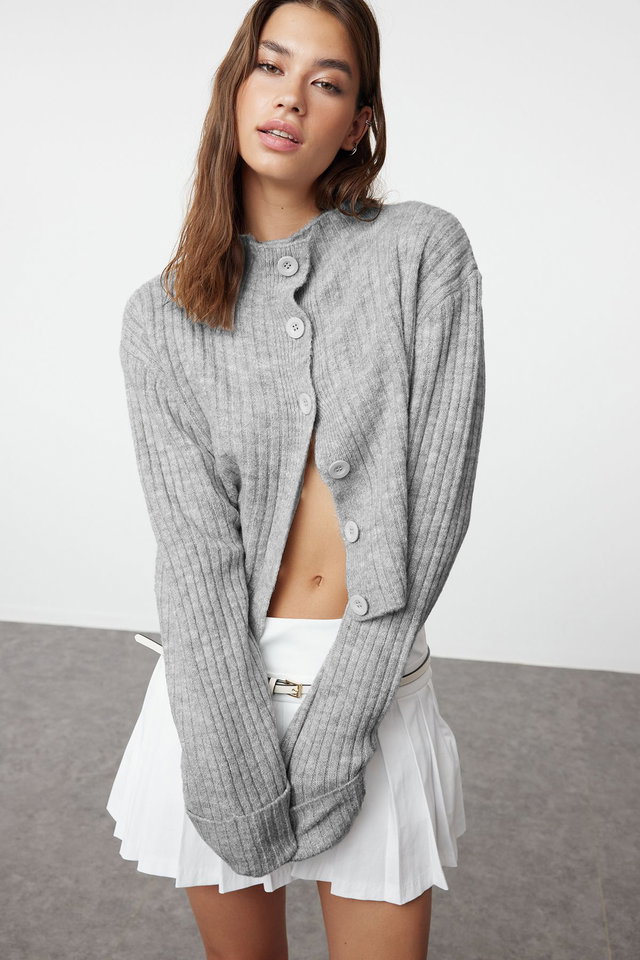 Dark grey - Pink Crop Soft Textured High Neck Knitwear Cardigan TWOAW22HI0174