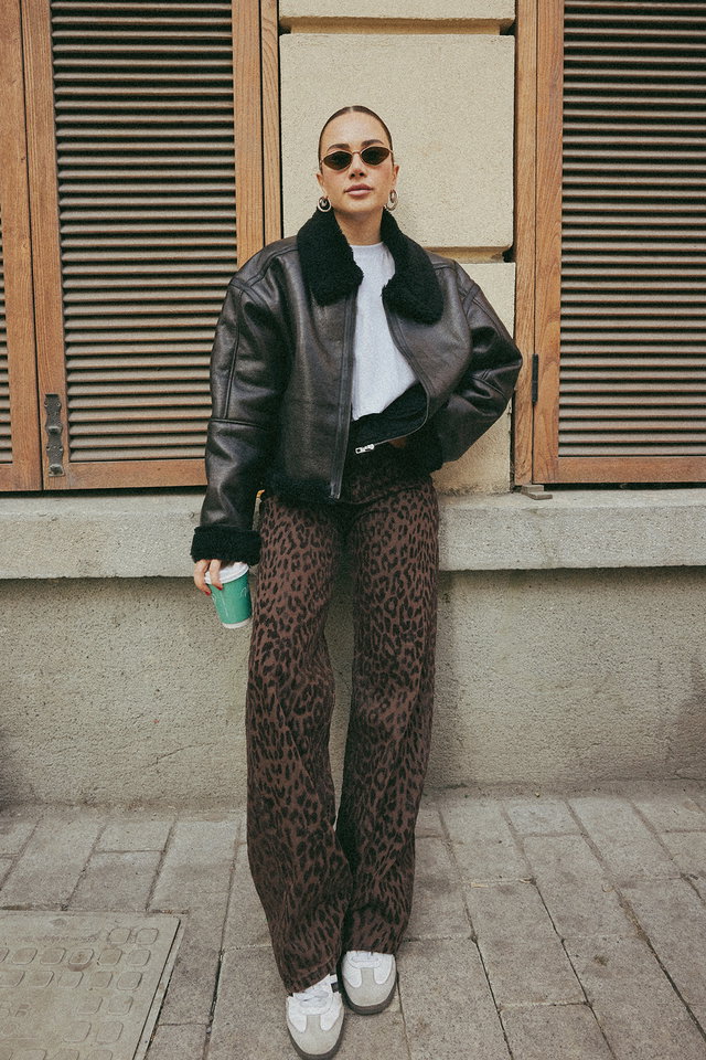 Brown - Brown Suede Look Leopard Patterned High Waist Wide Leg Jeans TWOAW25JE00394