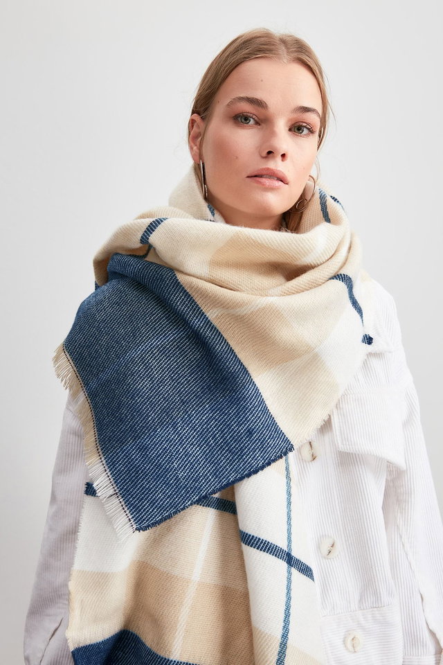 Beige - Beige Checked Pattern Women's Soft-textured Scarf TWOAW20AT0054