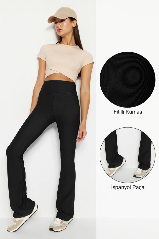 Black - Dark Anthracite Ribbed Flare Yoga Knitted Sports Leggings TWOAW23TY00011