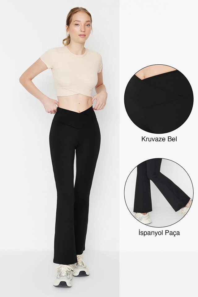 Black - Black Double Breasted Waist Detailed Flare Yoga Knitted Sports Leggings THMAW23TY00005