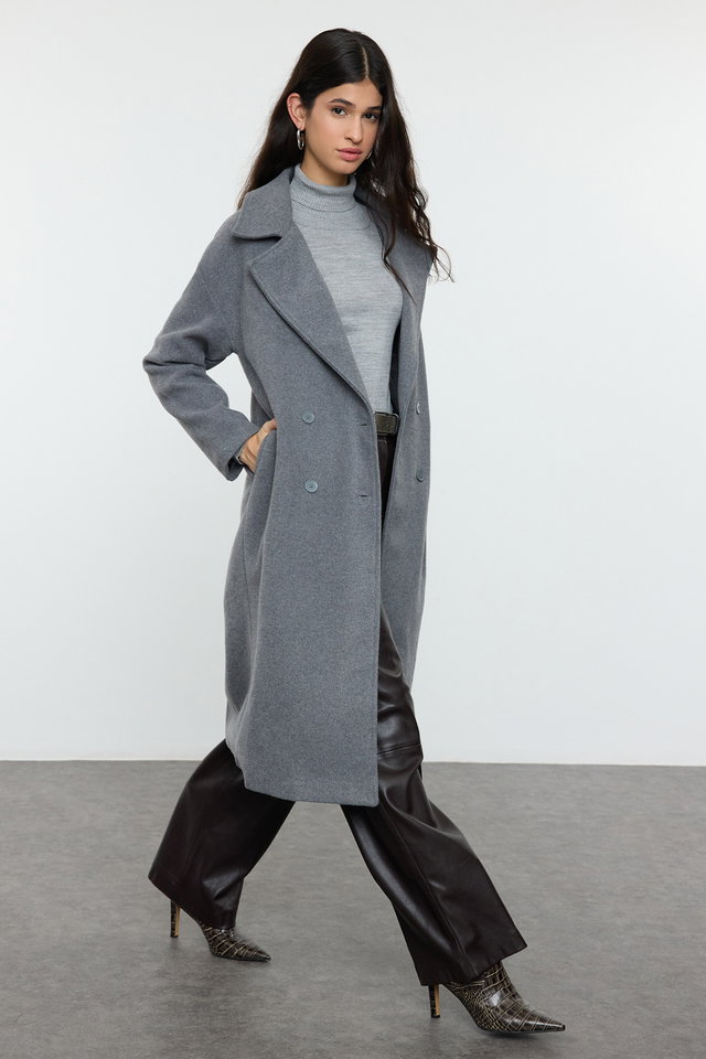 Grey - Anthracite Oversize Wide Cut Long Wool Cachet Coat TWOAW21KB0038