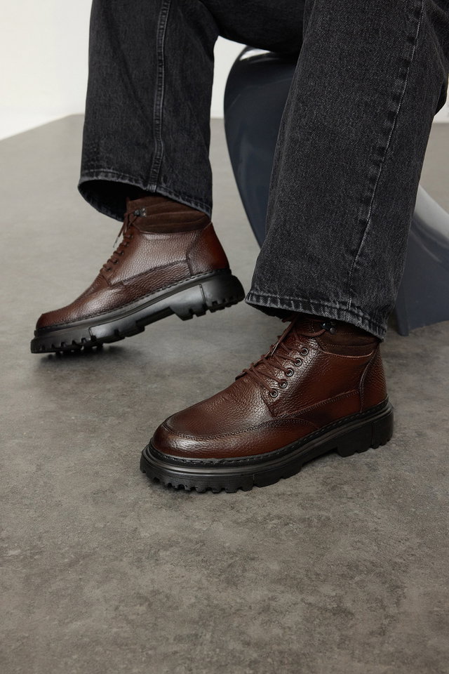 Brown - Brown Genuine Leather Lace-Up Men's Boots TAKAW25BO00037