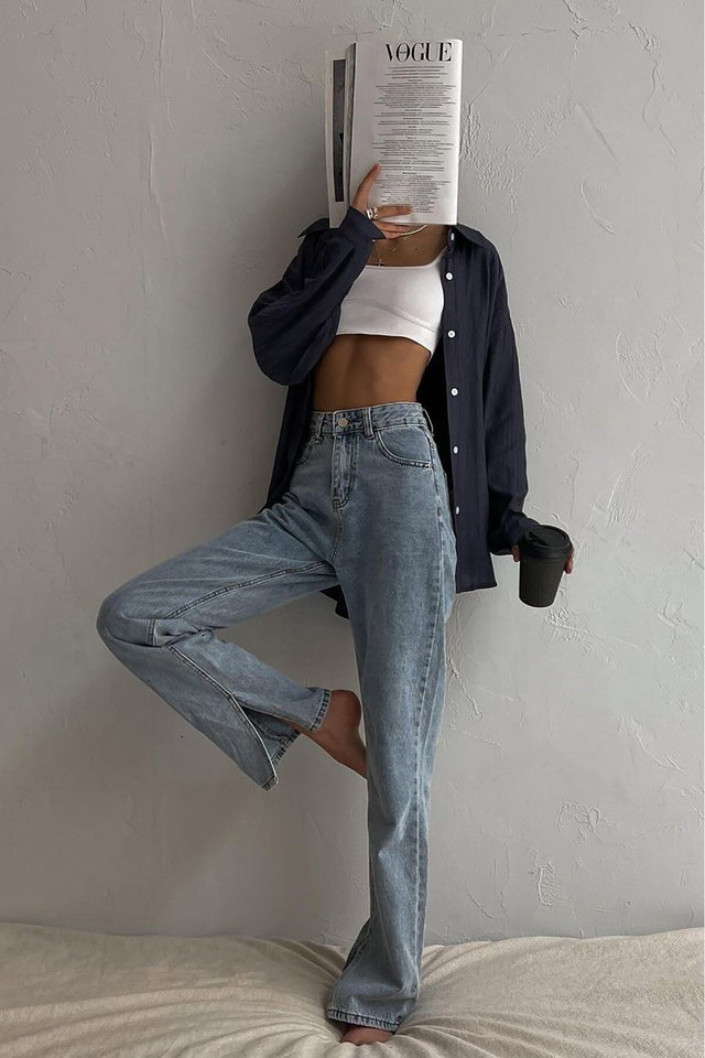 Blue - Blue High Waist Women's Jeans with Slits Mg1384