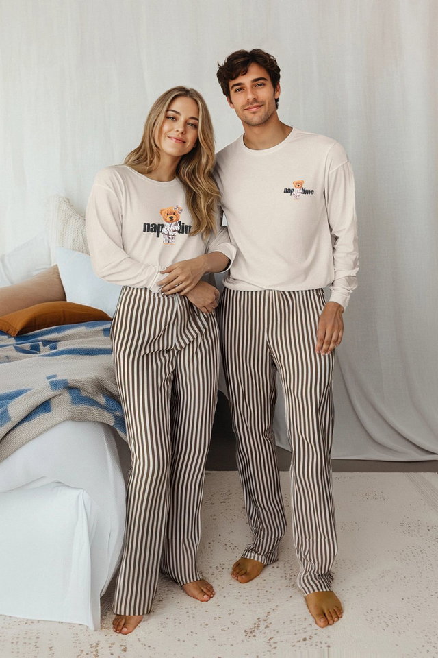 Beige - Navy Blue Regular Striped Couple/Double Knitted Pajama Set TMNAW25PT00049