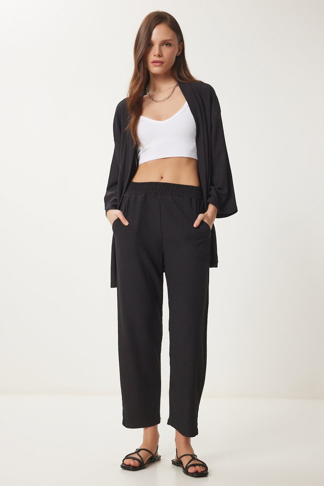 Black - Women's Black Kimono Pants Knitted Set BY00050