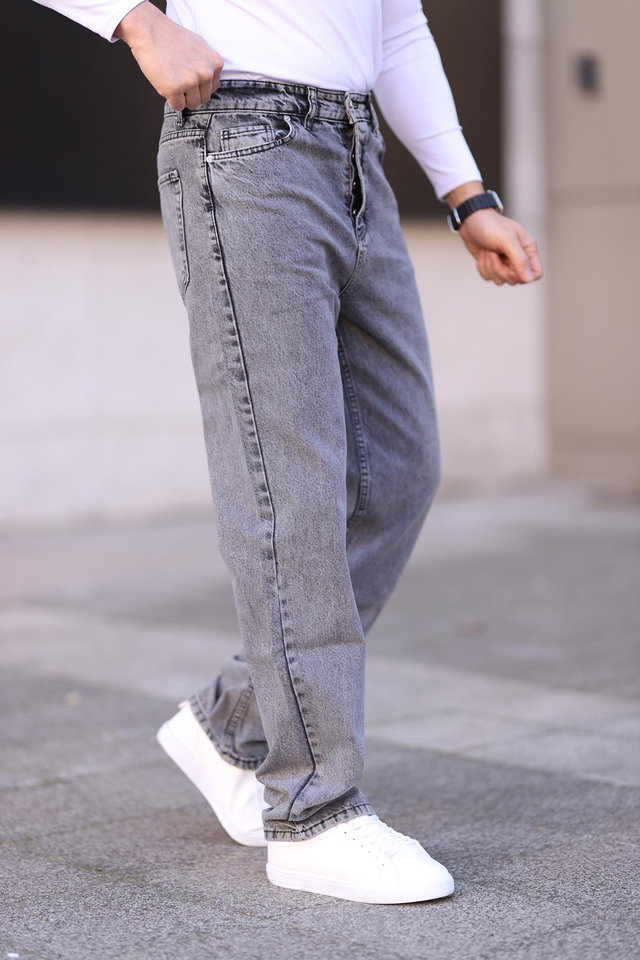 Gray-9001 - Black Smoke 100% Cotton Baggy Fit Jeans Loose Jeans TMNAW24JE00027