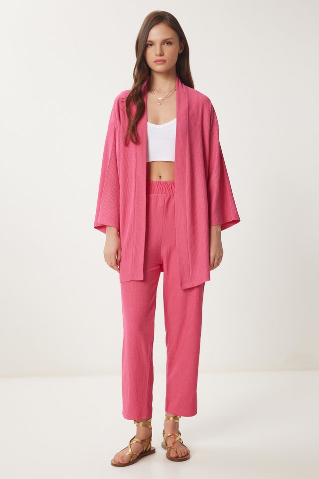 Dark pink - Women's Black Kimono Pants Knitted Set BY00050