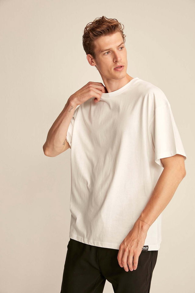WHITE - Jett Men's Oversize Fit 100% Organic Cotton Thick Textured Crew Neck White T-shirt