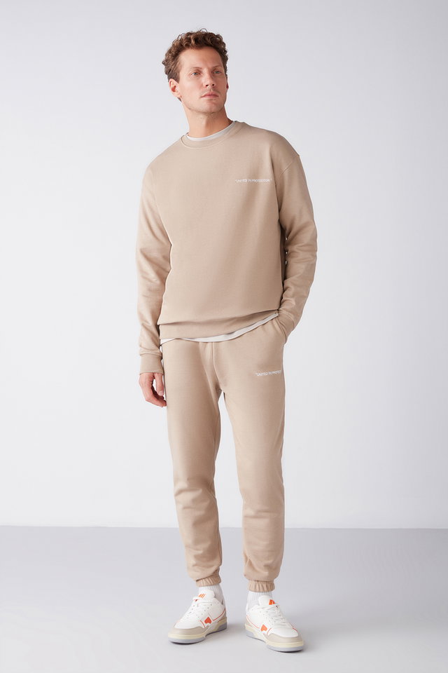 Beige - Marshall Men's Cotton Fleece Embroidered Relaxed Grey Melanj Tracksuit Set
