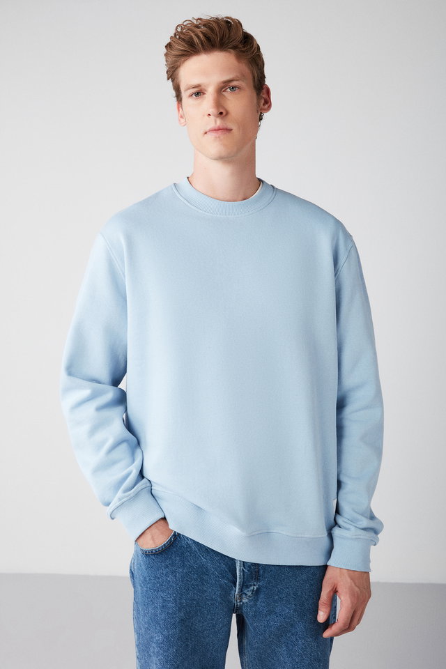 Blue - Travis Men's Organic Fabric Soft Regular Fit Round Neck Lilac Sweatshirt