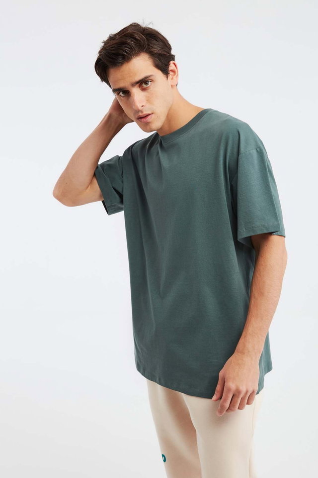 Dark green - Jett Men's Oversize Fit 100% Organic Cotton Thick Textured Crew Neck White T-shirt
