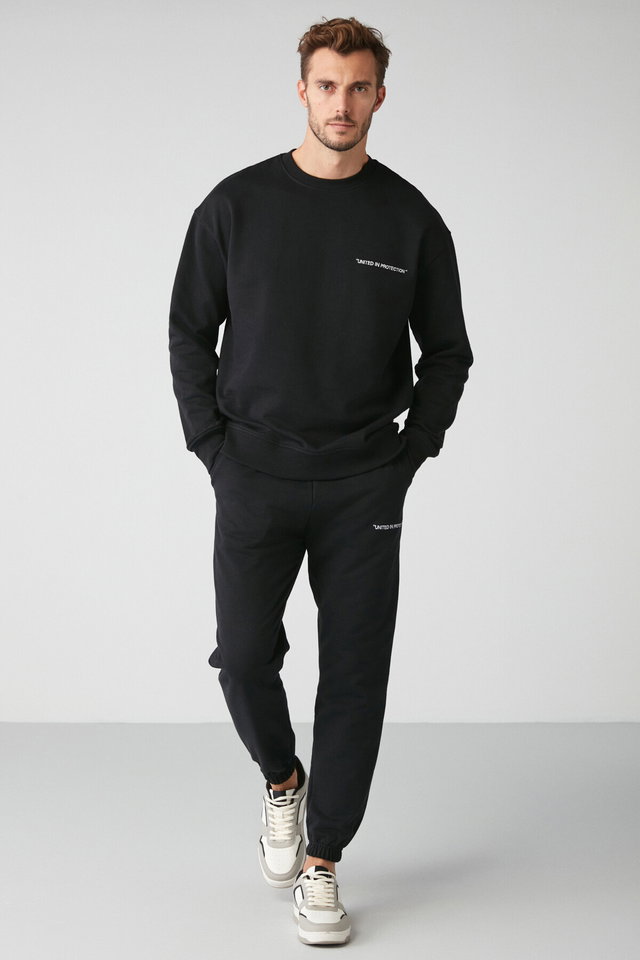 Black - Marshall Men's Cotton Fleece Embroidered Relaxed Grey Melanj Tracksuit Set