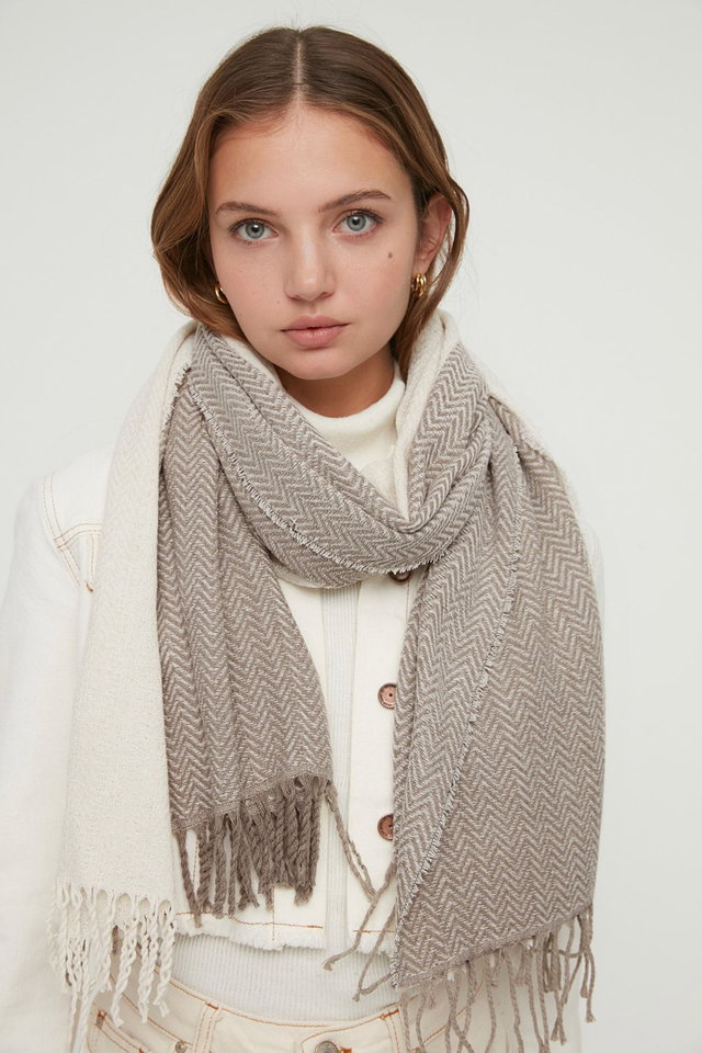 ecru - Women's Ecru Pattern Block, Soft Textured Scarf TWOAW22AT0052