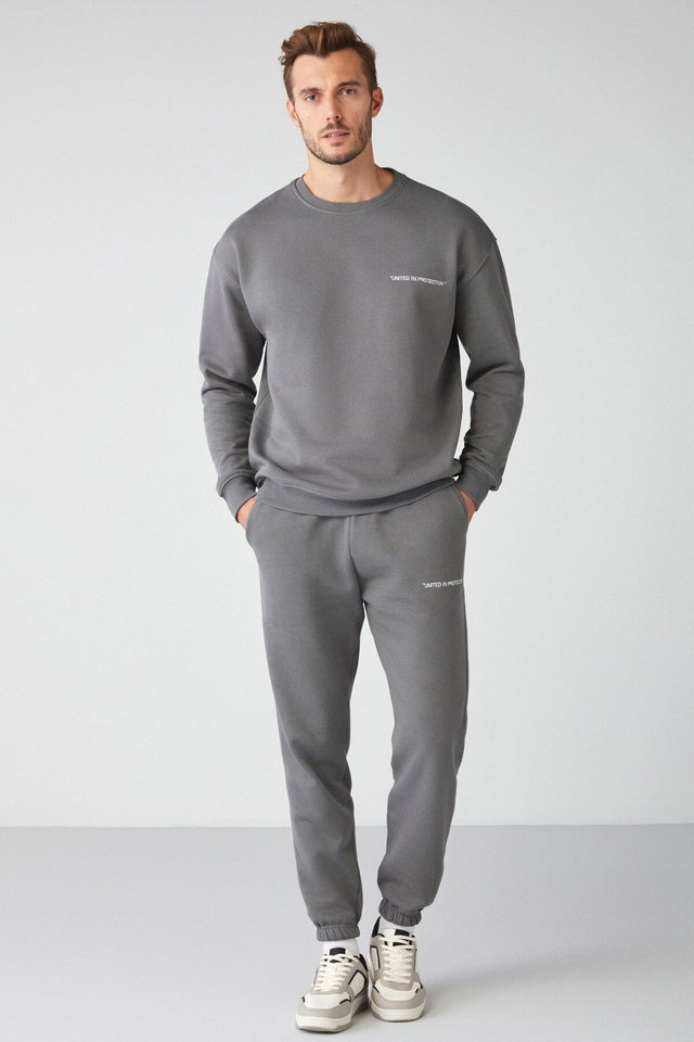Grey - Marshall Men's Cotton Fleece Embroidered Relaxed Grey Melanj Tracksuit Set