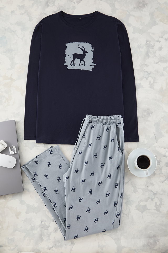 Navy blue - Claret Red Deer Printed Regular Fit Knitted Pajama Set TMNAW25PT00040