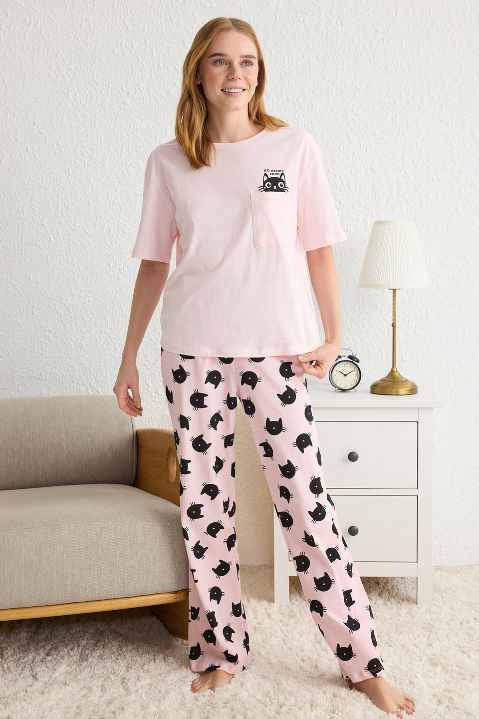 100% Cotton Cat Patterned Knitted Pajama Set THMSS25PT00161