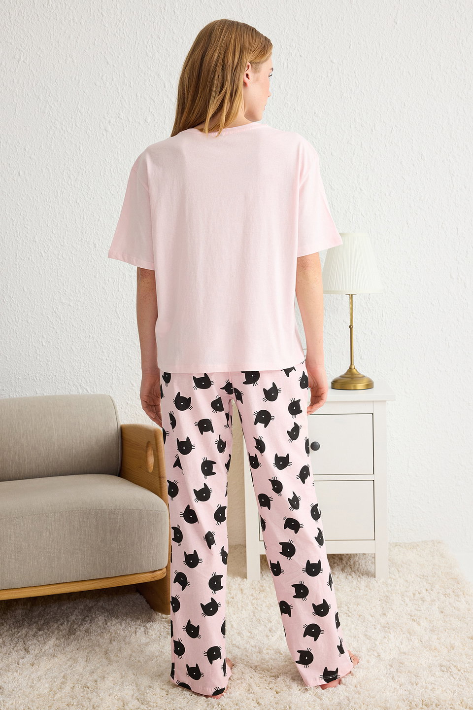 100% Cotton Cat Patterned Knitted Pajama Set THMSS25PT00161