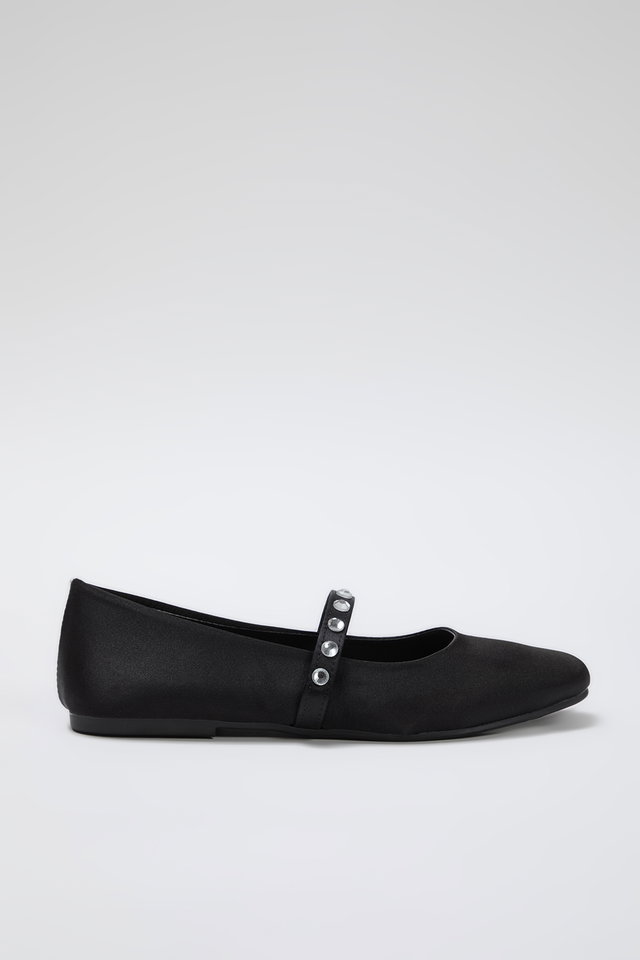 Black - Black Mary Jane Satin Effect Stoned Women Ballerina Flats TAXSS25BE00013
