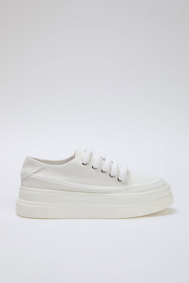 White - White Canvas Lace-Up High Sole Women's Retro Sneakers TAXSS25SN00010