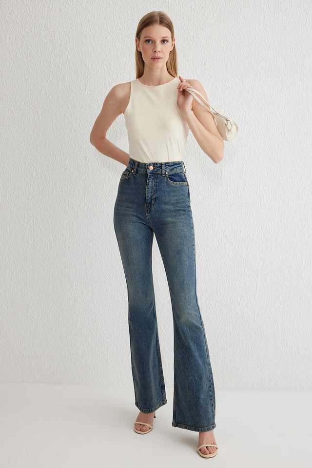 Dark blue - Dark blue high waist comfort/flexible flare jeans twoss25je00101