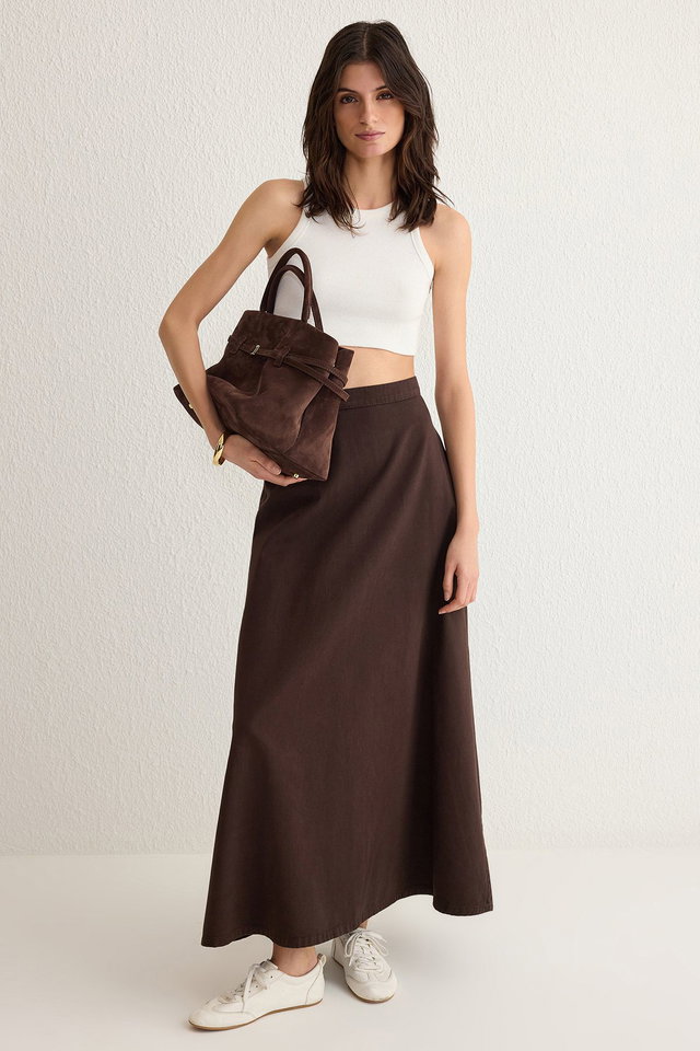 Brown - Brown Flounce Maxi Denim Skirt TWOSS25ET00005
