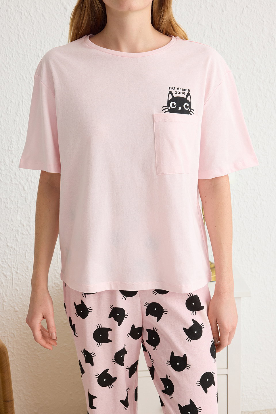 100% Cotton Cat Patterned Knitted Pajama Set THMSS25PT00161