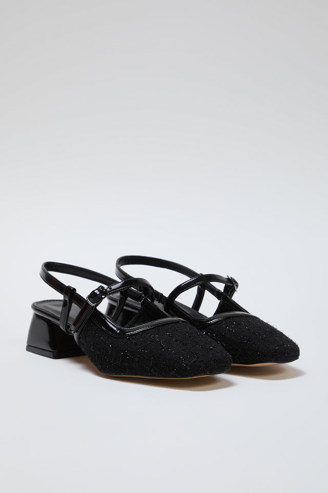 Black - Black Tweed Square Toe Mary Jane Women's Block Heel Shoes TAXSS25TO00023