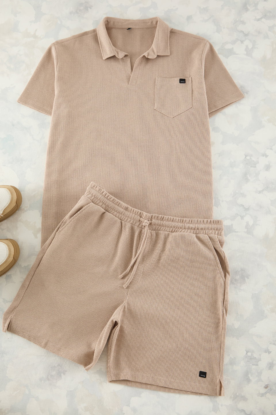 Camel Regular Cut Textured Polo Neck T-shirt-Shorts Plus Size Tracksuit TMNSS25TS00037