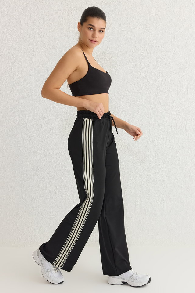 Black - Black Striped Diver/Scuba Fabric Sports Knitted Sweatpants THMSS25EA00006