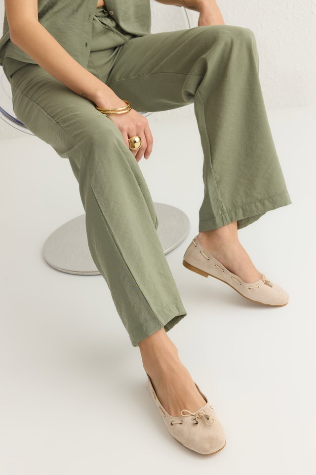 Beige - Beige Tie Detail Almond Toe Women's Ballerina TAXSS25BE00004