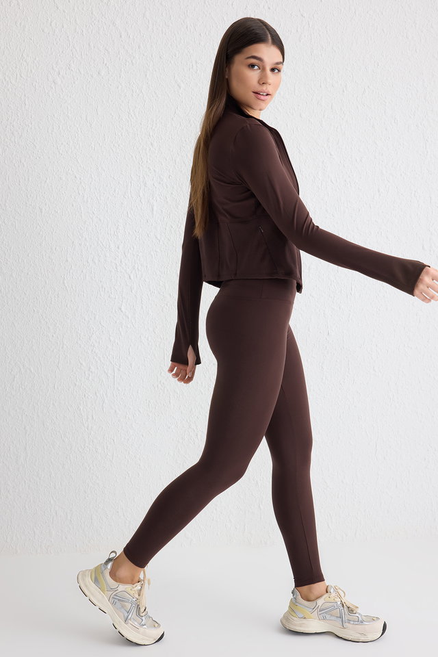 Brown - Brown Soft Brushed Fabric Reflective Print Detailed Full Length Knitted Sports Tights THMAW25TY00020