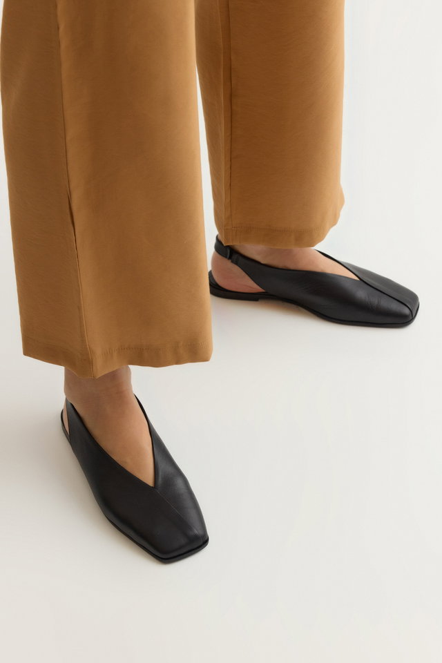 Black - Dark Brown Genuine Leather Open Back Square Toe Women's Ballerinas TAKSS25BE00018