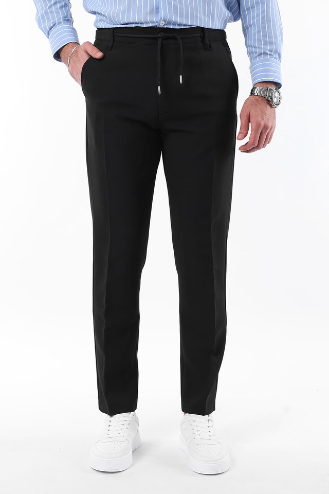 Black - Black Slim Fit Waist Tie Detail Elastic Fabric Woven Trousers TMNAW25PL00027