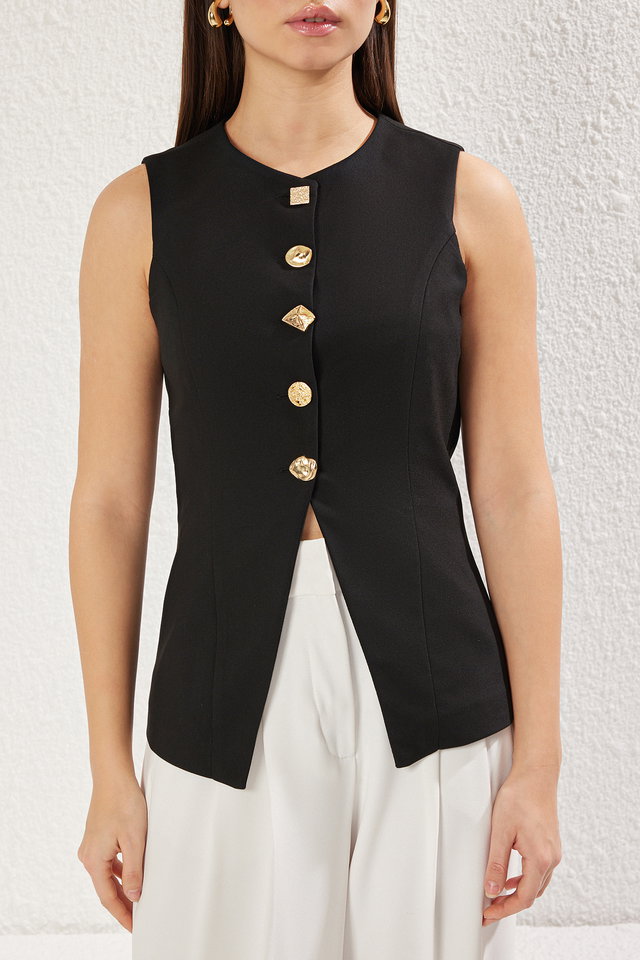 Black - Black Regular Crew Neck Button Detail Woven Vest TWOSS25YE00035