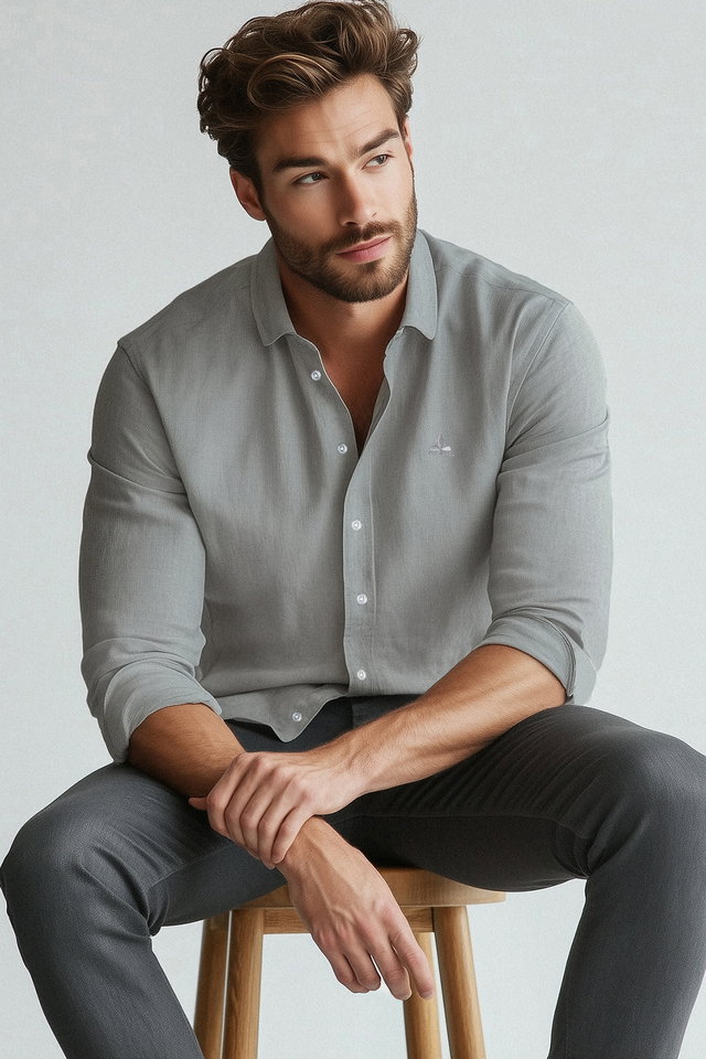 Gray - White Regular Fit Embroidered Detail Easy Iron Smart Shirt TMNAW24GO00089