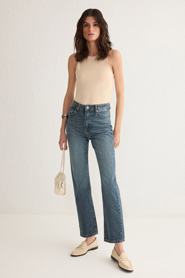 Blue - Blue High Waist Straight Cut Straight Jeans Twoss25Je00106