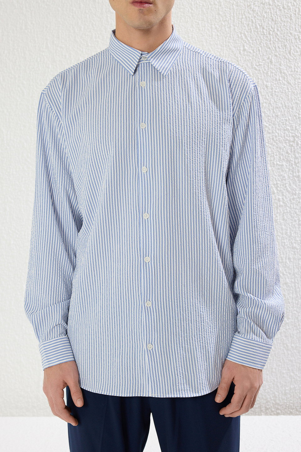 Oversized Striped Seersucker Flexible Comfortable Fabric Knit Shirt TMNSS25GO00024